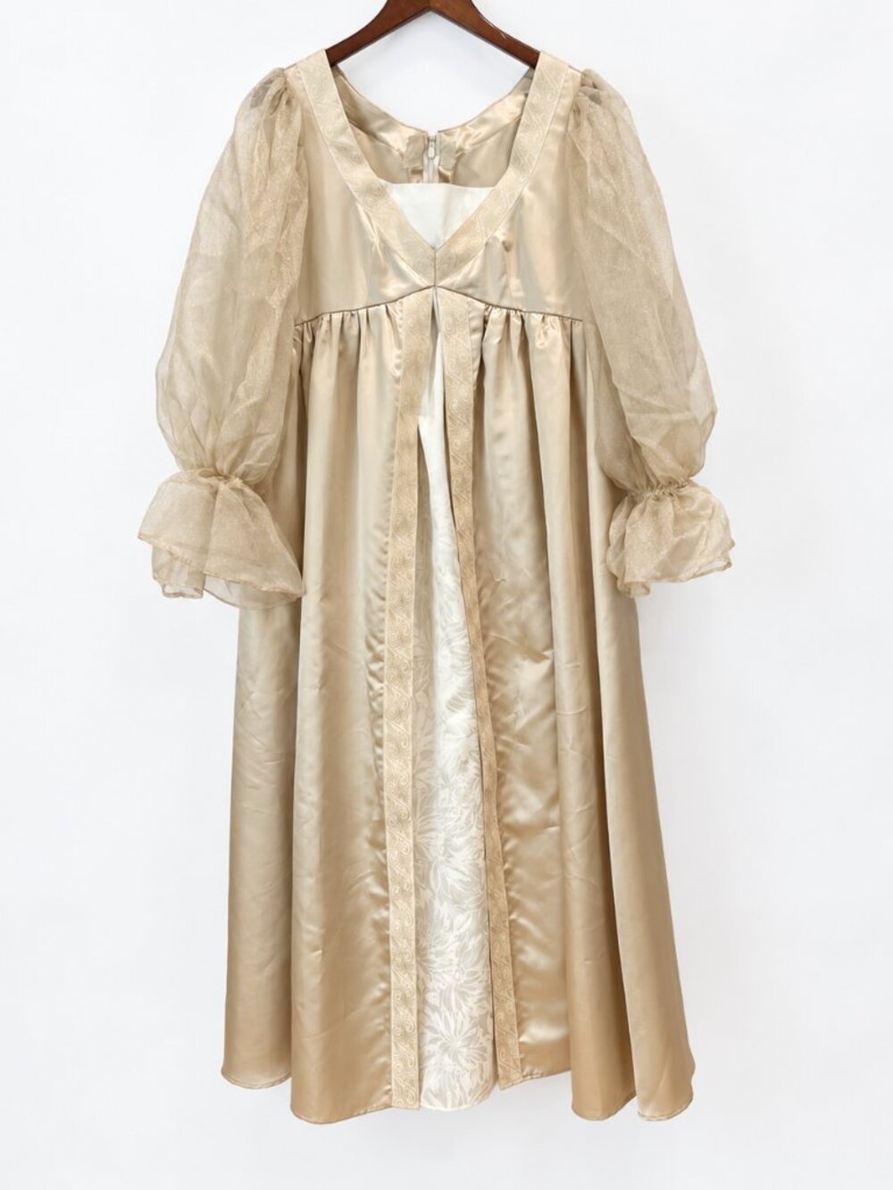 Vintage Gold Satin Regency Costume Gown M 8/10 Empire Waist Maxi Dress